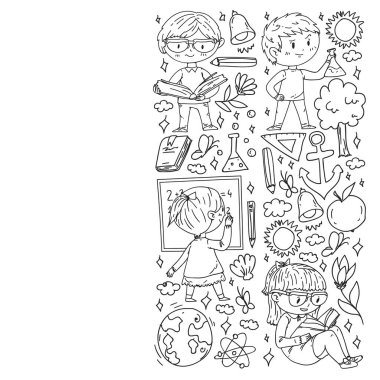 Okula dönelim. Çocuklar çevrimiçi eğitim. Kimya ve biyoloji. Coğrafya ve fizik. Yaratıcılık ve hayal gücü. E-öğrenme simgeleri.