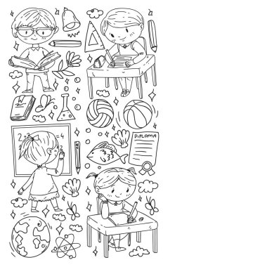 Okula dönelim. Çocuklar çevrimiçi eğitim. Kimya ve biyoloji. Coğrafya ve fizik. Yaratıcılık ve hayal gücü. E-öğrenme simgeleri.