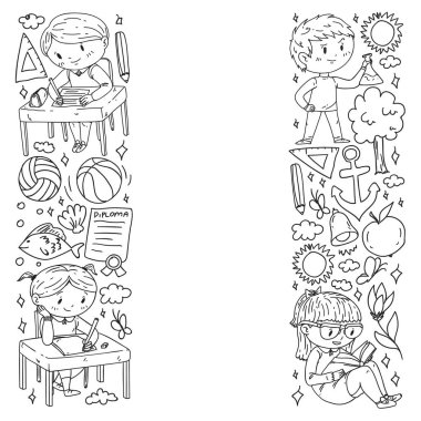 Okula dönelim. Çocuklar çevrimiçi eğitim. Kimya ve biyoloji. Coğrafya ve fizik. Yaratıcılık ve hayal gücü. E-öğrenme simgeleri.