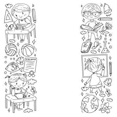 Okula dönelim. Çocuklar çevrimiçi eğitim. Kimya ve biyoloji. Coğrafya ve fizik. Yaratıcılık ve hayal gücü. E-öğrenme simgeleri.