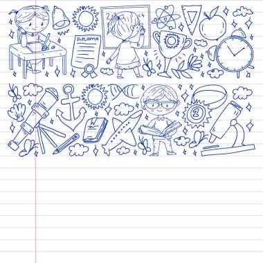 Okula dönelim. Çocuklar çevrimiçi eğitim. Kimya ve biyoloji. Coğrafya ve fizik. Yaratıcılık ve hayal gücü. E-öğrenme simgeleri.