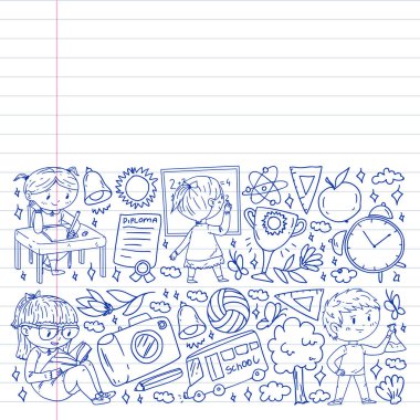 Okula dönelim. Çocuklar çevrimiçi eğitim. Kimya ve biyoloji. Coğrafya ve fizik. Yaratıcılık ve hayal gücü. E-öğrenme simgeleri.