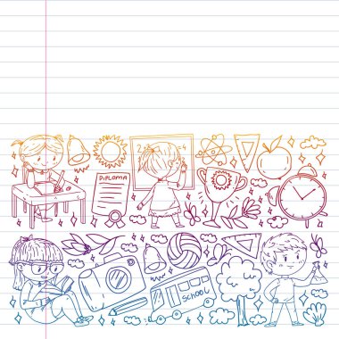 Okula dönelim. Çocuklar çevrimiçi eğitim. Kimya ve biyoloji. Coğrafya ve fizik. Yaratıcılık ve hayal gücü. E-öğrenme simgeleri.