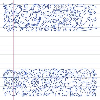 Okula dönelim. Çocuklar çevrimiçi eğitim. Kimya ve biyoloji. Coğrafya ve fizik. Yaratıcılık ve hayal gücü. E-öğrenme simgeleri.