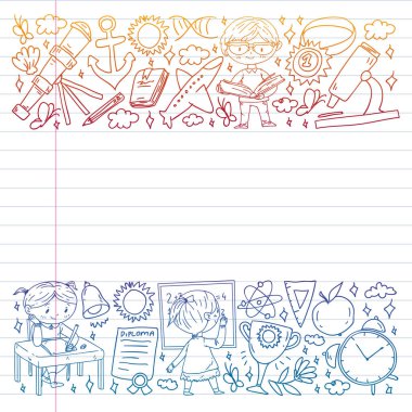 Okula dönelim. Çocuklar çevrimiçi eğitim. Kimya ve biyoloji. Coğrafya ve fizik. Yaratıcılık ve hayal gücü. E-öğrenme simgeleri.