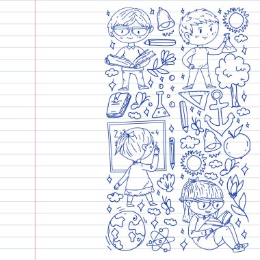 Okula dönelim. Çocuklar çevrimiçi eğitim. Kimya ve biyoloji. Coğrafya ve fizik. Yaratıcılık ve hayal gücü. E-öğrenme simgeleri.