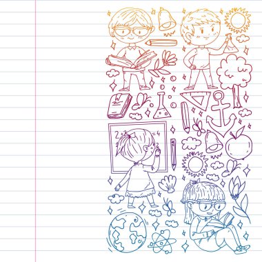 Okula dönelim. Çocuklar çevrimiçi eğitim. Kimya ve biyoloji. Coğrafya ve fizik. Yaratıcılık ve hayal gücü. E-öğrenme simgeleri.