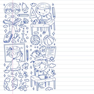 Okula dönelim. Çocuklar çevrimiçi eğitim. Kimya ve biyoloji. Coğrafya ve fizik. Yaratıcılık ve hayal gücü. E-öğrenme simgeleri.