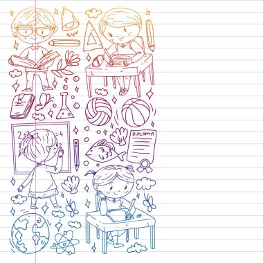 Okula dönelim. Çocuklar çevrimiçi eğitim. Kimya ve biyoloji. Coğrafya ve fizik. Yaratıcılık ve hayal gücü. E-öğrenme simgeleri.