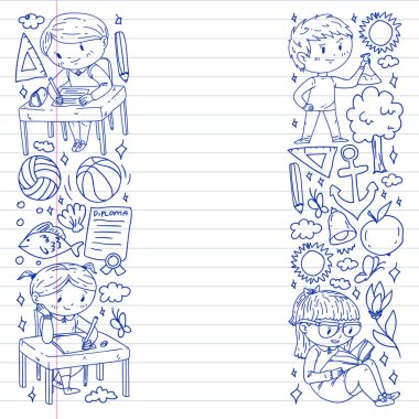 Okula dönelim. Çocuklar çevrimiçi eğitim. Kimya ve biyoloji. Coğrafya ve fizik. Yaratıcılık ve hayal gücü. E-öğrenme simgeleri.