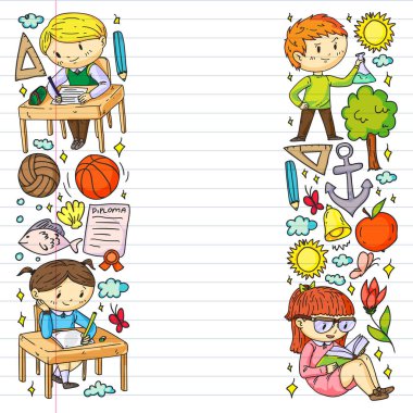 Okula dönelim. Çocuklar çevrimiçi eğitim. Kimya ve biyoloji. Coğrafya ve fizik. Yaratıcılık ve hayal gücü. E-öğrenme simgeleri.