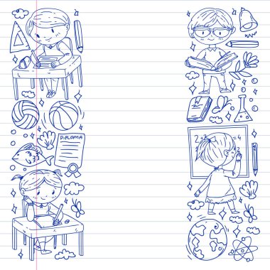 Okula dönelim. Çocuklar çevrimiçi eğitim. Kimya ve biyoloji. Coğrafya ve fizik. Yaratıcılık ve hayal gücü. E-öğrenme simgeleri.