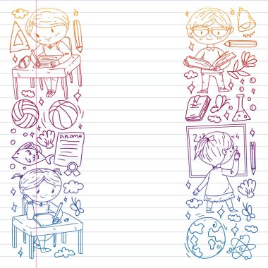 Okula dönelim. Çocuklar çevrimiçi eğitim. Kimya ve biyoloji. Coğrafya ve fizik. Yaratıcılık ve hayal gücü. E-öğrenme simgeleri.