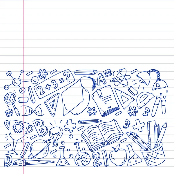 De volta à escola vetor doodle set. Suprimentos para esporte, arte, leitura, ciência, geografia, biologia, física, matemática, astronomia, química. — Vetor de Stock