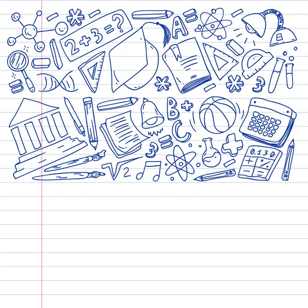 Okul vektör karalama setine geri dönüyoruz. Spor, sanat, okuma, bilim, coğrafya, biyoloji, fizik, matematik, astronomi, kimya.