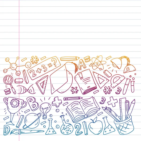 Back to School Vektor Doodle Set. Lieferungen für Sport, Kunst, Lesen, Naturwissenschaften, Geographie, Biologie, Physik, Mathematik, Astronomie, Chemie. — Stockvektor