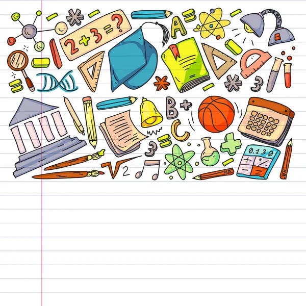Regreso a la escuela vector doodle set. Suministros para deporte, arte, lectura, ciencia, geografía, biología, física, matemáticas, astronomía, química. — Archivo Imágenes Vectoriales