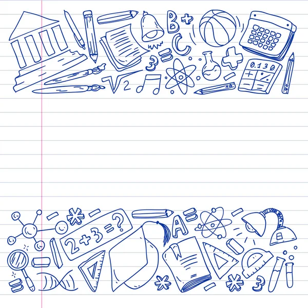 Okul vektör karalama setine geri dönüyoruz. Spor, sanat, okuma, bilim, coğrafya, biyoloji, fizik, matematik, astronomi, kimya.