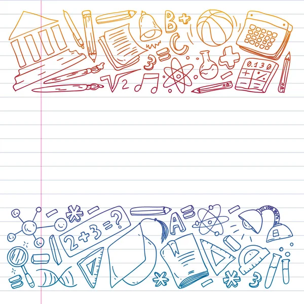 Okul vektör karalama setine geri dönüyoruz. Spor, sanat, okuma, bilim, coğrafya, biyoloji, fizik, matematik, astronomi, kimya.