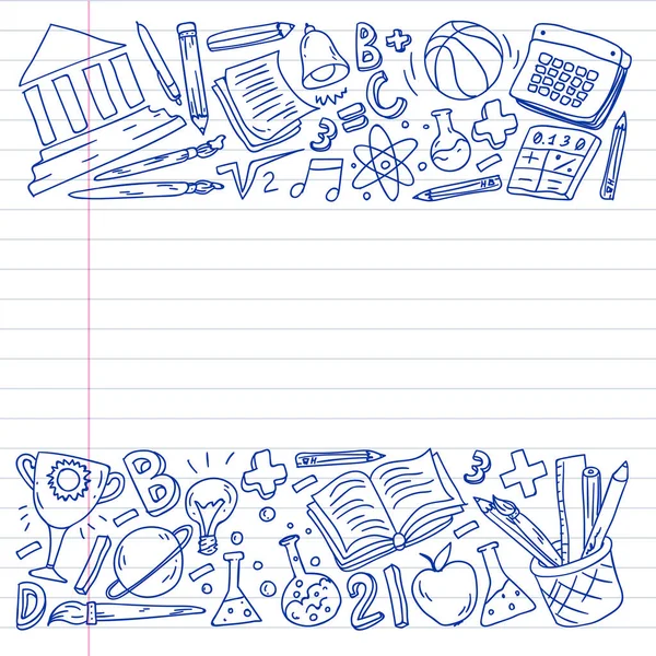 Okul vektör karalama setine geri dönüyoruz. Spor, sanat, okuma, bilim, coğrafya, biyoloji, fizik, matematik, astronomi, kimya.