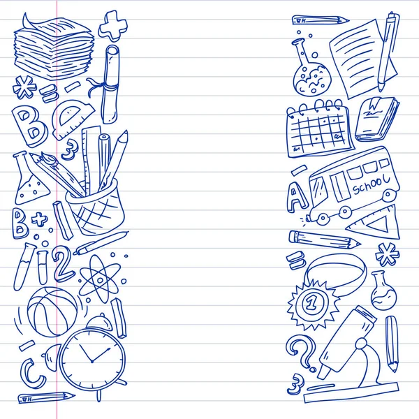 Okul vektör karalama setine geri dönüyoruz. Spor, sanat, okuma, bilim, coğrafya, biyoloji, fizik, matematik, astronomi, kimya.