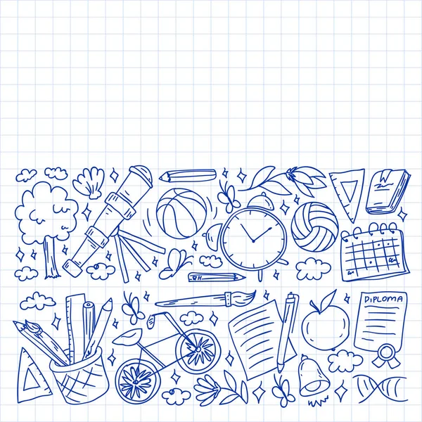 Immaginazione e creatività icone. A scuola. Lettura, chimica, educazione online. — Vettoriale Stock