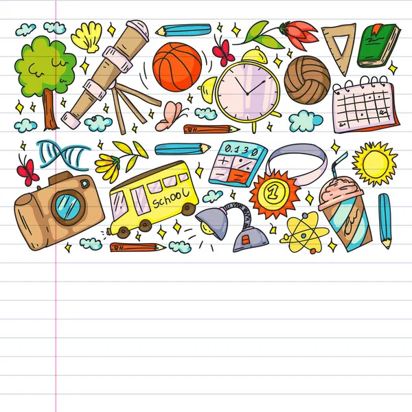 Verbeelding en creativiteit pictogrammen. School. Lezen, scheikunde, online onderwijs. — Stockvector