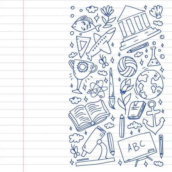 Képzelet és kreativitás ikonok. Iskola. Olvasás, kémia, online oktatás. — Stock Vector