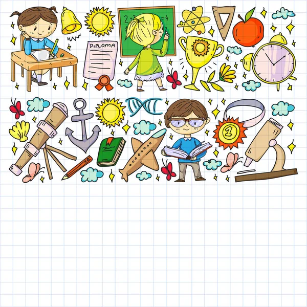 Okula dönelim. Çocuklar çevrimiçi eğitim. Kimya ve biyoloji. Coğrafya ve fizik. Yaratıcılık ve hayal gücü. E-öğrenme simgeleri.