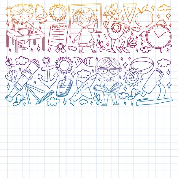 Okula dönelim. Çocuklar çevrimiçi eğitim. Kimya ve biyoloji. Coğrafya ve fizik. Yaratıcılık ve hayal gücü. E-öğrenme simgeleri.