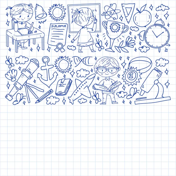 Okula dönelim. Çocuklar çevrimiçi eğitim. Kimya ve biyoloji. Coğrafya ve fizik. Yaratıcılık ve hayal gücü. E-öğrenme simgeleri.