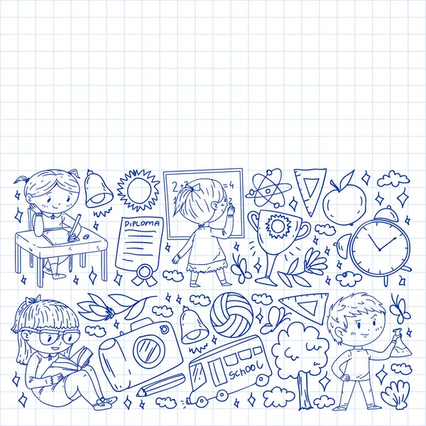 Okula dönelim. Çocuklar çevrimiçi eğitim. Kimya ve biyoloji. Coğrafya ve fizik. Yaratıcılık ve hayal gücü. E-öğrenme simgeleri.