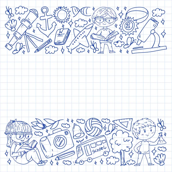 Okula dönelim. Çocuklar çevrimiçi eğitim. Kimya ve biyoloji. Coğrafya ve fizik. Yaratıcılık ve hayal gücü. E-öğrenme simgeleri.