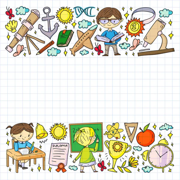 Okula dönelim. Çocuklar çevrimiçi eğitim. Kimya ve biyoloji. Coğrafya ve fizik. Yaratıcılık ve hayal gücü. E-öğrenme simgeleri.