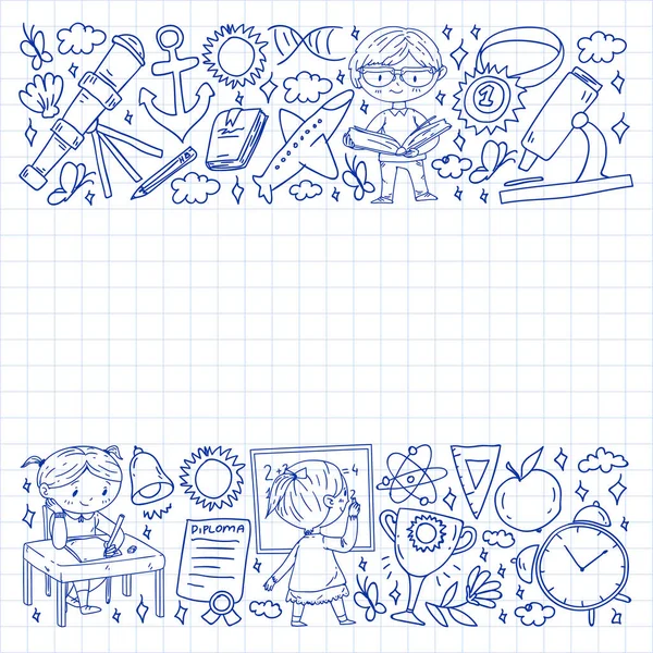 Okula dönelim. Çocuklar çevrimiçi eğitim. Kimya ve biyoloji. Coğrafya ve fizik. Yaratıcılık ve hayal gücü. E-öğrenme simgeleri.