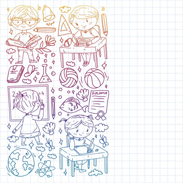 Okula dönelim. Çocuklar çevrimiçi eğitim. Kimya ve biyoloji. Coğrafya ve fizik. Yaratıcılık ve hayal gücü. E-öğrenme simgeleri.