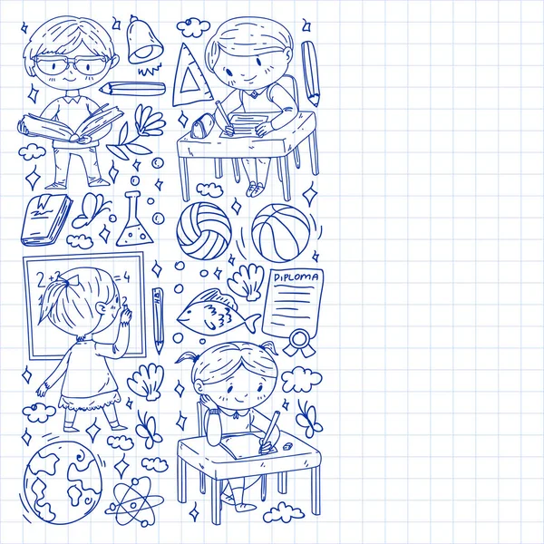 Okula dönelim. Çocuklar çevrimiçi eğitim. Kimya ve biyoloji. Coğrafya ve fizik. Yaratıcılık ve hayal gücü. E-öğrenme simgeleri.