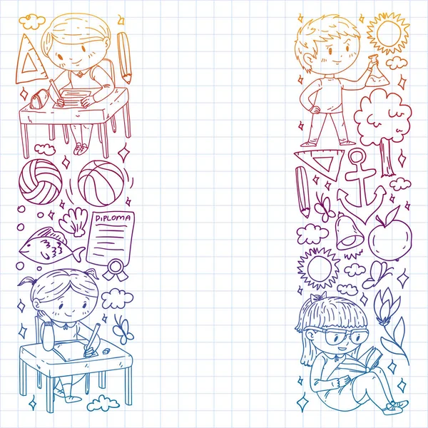 Okula dönelim. Çocuklar çevrimiçi eğitim. Kimya ve biyoloji. Coğrafya ve fizik. Yaratıcılık ve hayal gücü. E-öğrenme simgeleri.