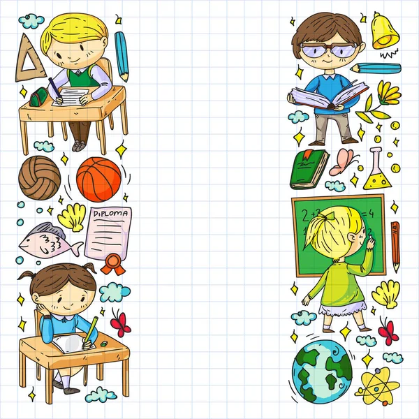 Back to school. Children online education. Chemistry and biology. Geography and physics. Creativity and imagination. E-learning icons. — Stock Vector