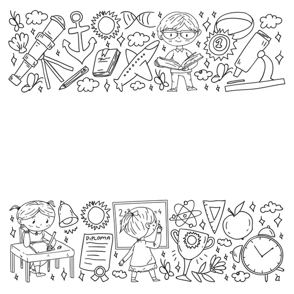 Okula dönelim. Çocuklar çevrimiçi eğitim. Kimya ve biyoloji. Coğrafya ve fizik. Yaratıcılık ve hayal gücü. E-öğrenme simgeleri.