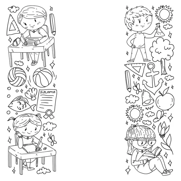 Okula dönelim. Çocuklar çevrimiçi eğitim. Kimya ve biyoloji. Coğrafya ve fizik. Yaratıcılık ve hayal gücü. E-öğrenme simgeleri.