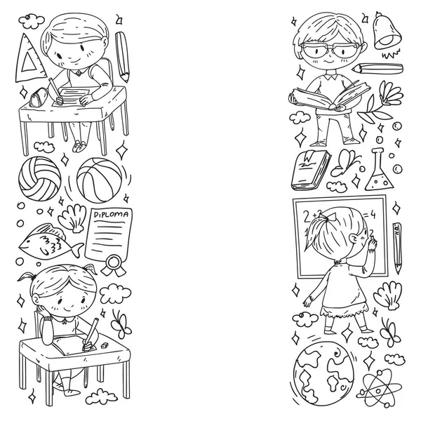 Okula dönelim. Çocuklar çevrimiçi eğitim. Kimya ve biyoloji. Coğrafya ve fizik. Yaratıcılık ve hayal gücü. E-öğrenme simgeleri.