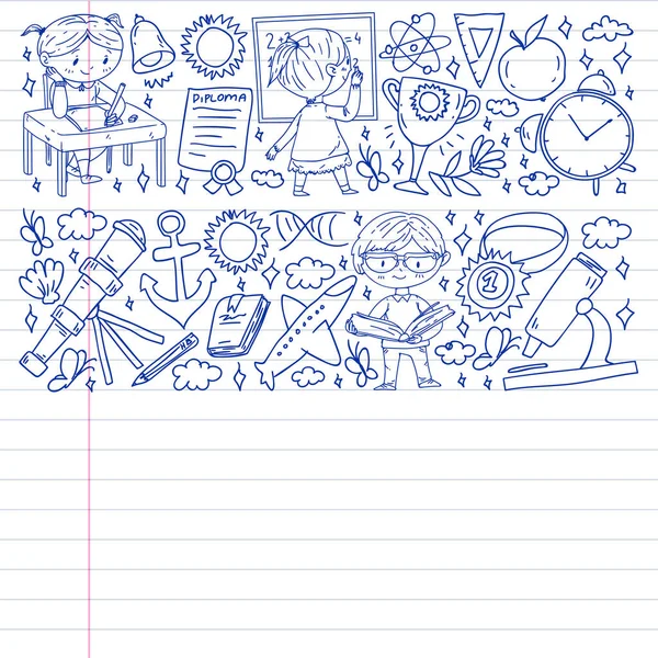 Okula dönelim. Çocuklar çevrimiçi eğitim. Kimya ve biyoloji. Coğrafya ve fizik. Yaratıcılık ve hayal gücü. E-öğrenme simgeleri.