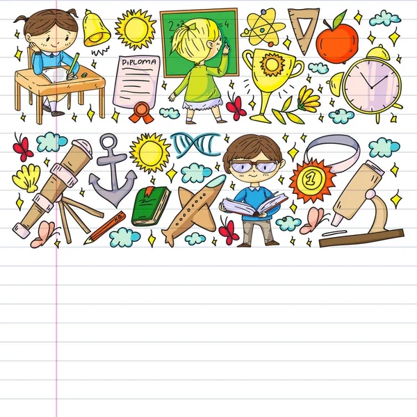 Okula dönelim. Çocuklar çevrimiçi eğitim. Kimya ve biyoloji. Coğrafya ve fizik. Yaratıcılık ve hayal gücü. E-öğrenme simgeleri.