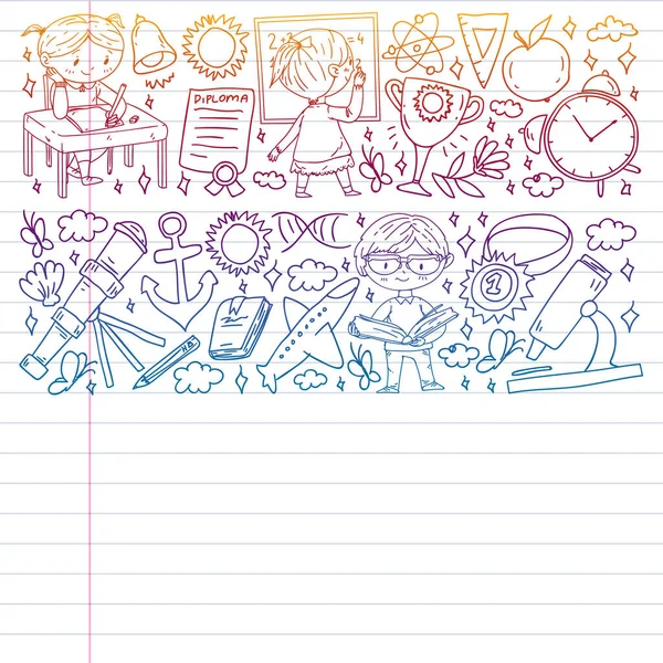 Okula dönelim. Çocuklar çevrimiçi eğitim. Kimya ve biyoloji. Coğrafya ve fizik. Yaratıcılık ve hayal gücü. E-öğrenme simgeleri.