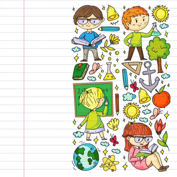 Okula dönelim. Çocuklar çevrimiçi eğitim. Kimya ve biyoloji. Coğrafya ve fizik. Yaratıcılık ve hayal gücü. E-öğrenme simgeleri.