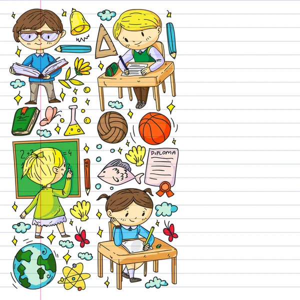 Back to school. Children online education. Chemistry and biology. Geography and physics. Creativity and imagination. E-learning icons. — Stock Vector