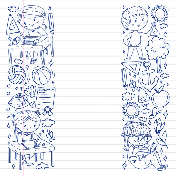 Okula dönelim. Çocuklar çevrimiçi eğitim. Kimya ve biyoloji. Coğrafya ve fizik. Yaratıcılık ve hayal gücü. E-öğrenme simgeleri.