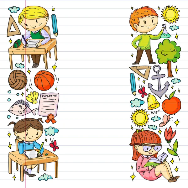 Back to school. Children online education. Chemistry and biology. Geography and physics. Creativity and imagination. E-learning icons. — Stock Vector