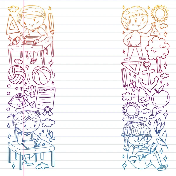 Okula dönelim. Çocuklar çevrimiçi eğitim. Kimya ve biyoloji. Coğrafya ve fizik. Yaratıcılık ve hayal gücü. E-öğrenme simgeleri.